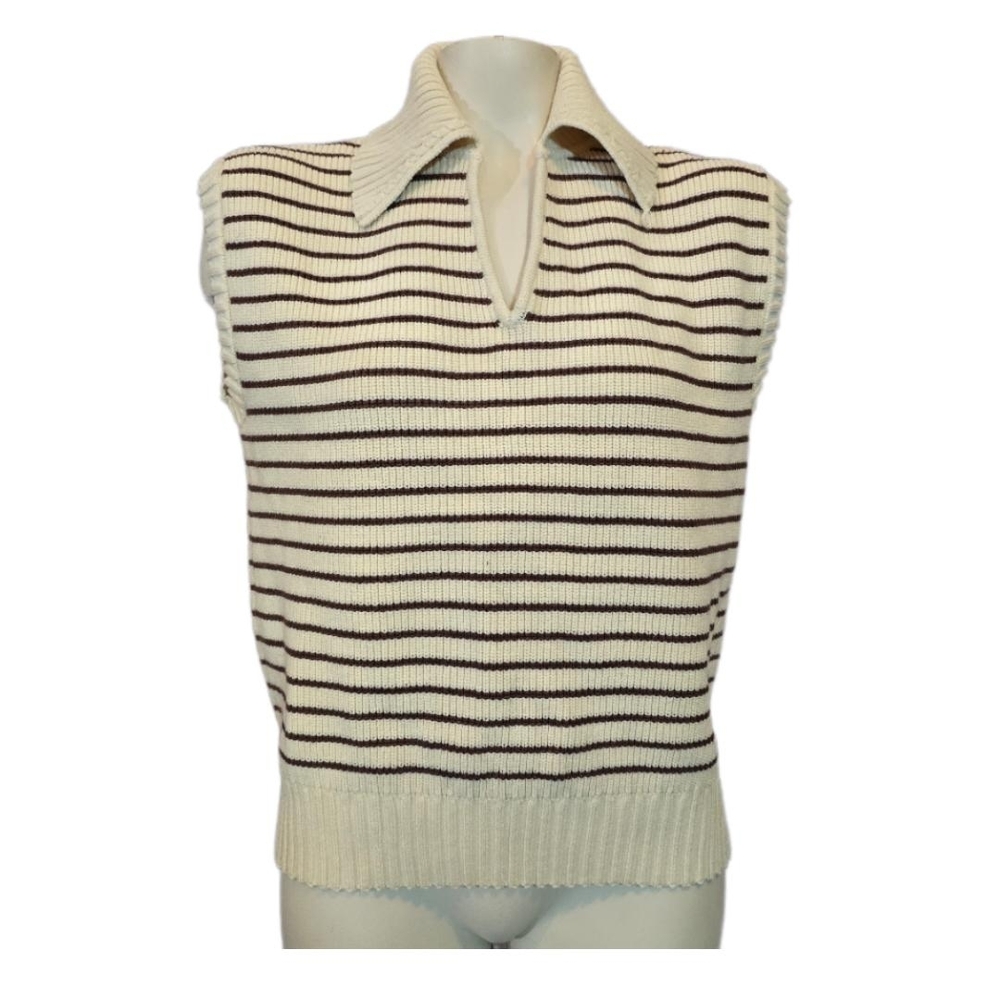 Lillusory Cream and Brown Striped Knit Sleeveless Polo Sweater Vest Size Large
